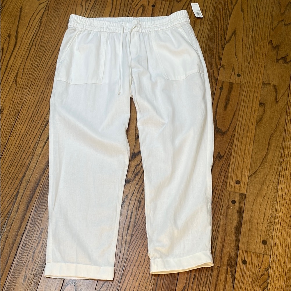 NWT Old Navy sz M white linen-blend summer casual pants drawstring waist & cuffs